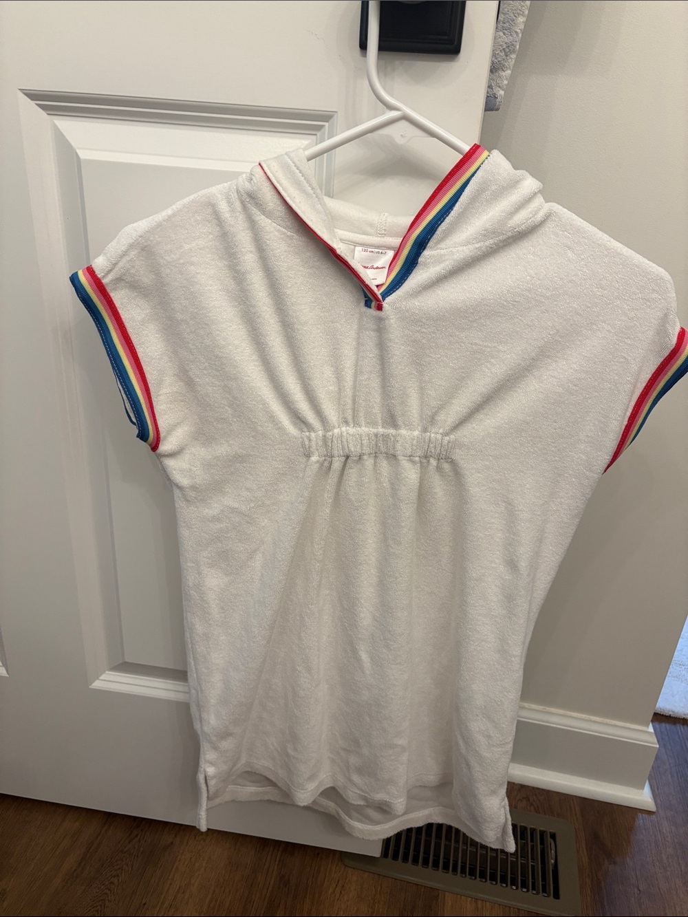 Hanna Andersson White Hooded Terry Cover-Up with Rainbow Trim